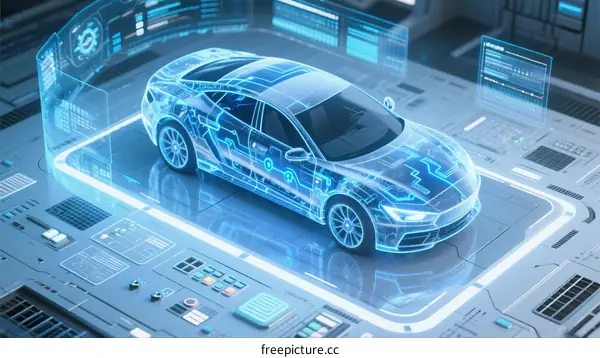 3D Holographic Car Showing Circuitry and Technology Interface
