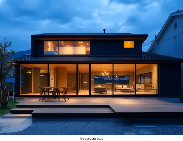 Modern Japanese House with Wooden Deck and Large Windows at Dusk