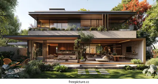 Modern 2-Story Home with Flat Roof and Floor-to-Ceiling Windows