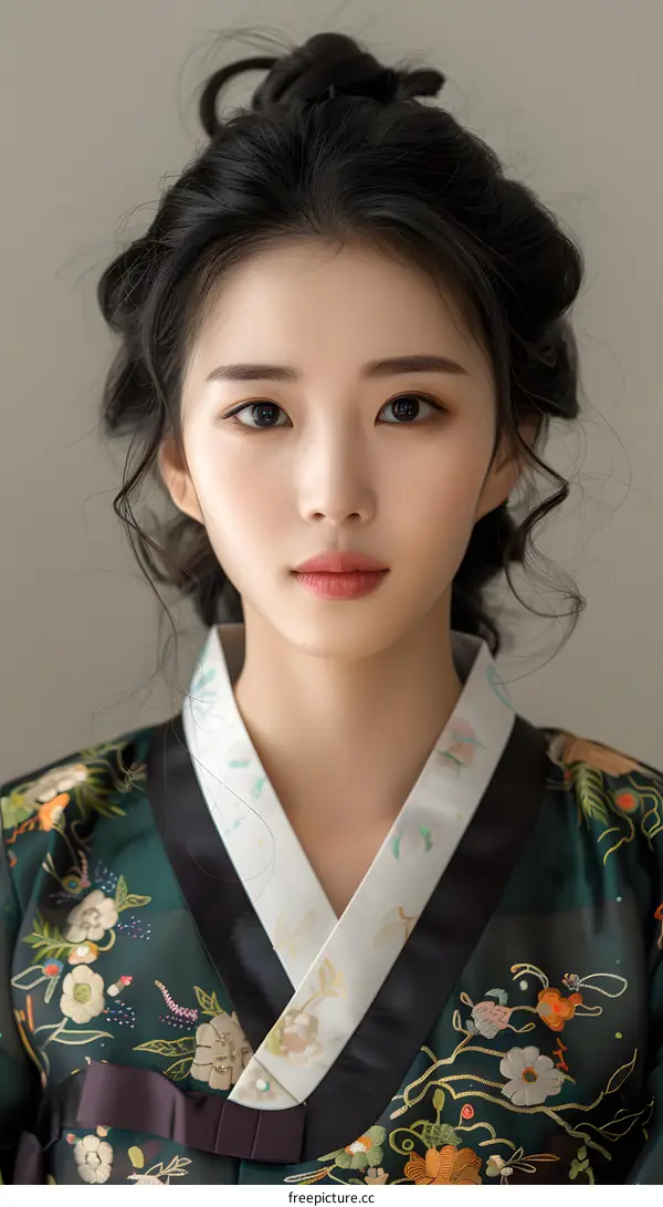 Portrait of a young woman in traditional Korean dress, or Hanbok