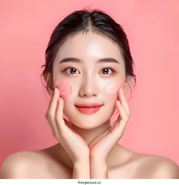 Beautiful Asian Woman Applying Pink Face Mask on Pink Background