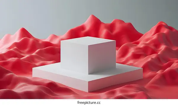 Minimalistic white podium or pedestal for product presentation on pink fabric surface. 3d rendering. Abstract background for branding and packaging design.
