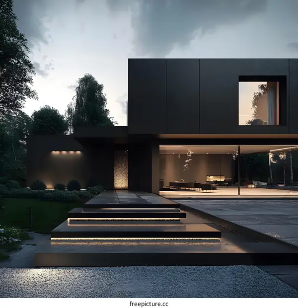 Modern Black House With Steps and Minimalist Design