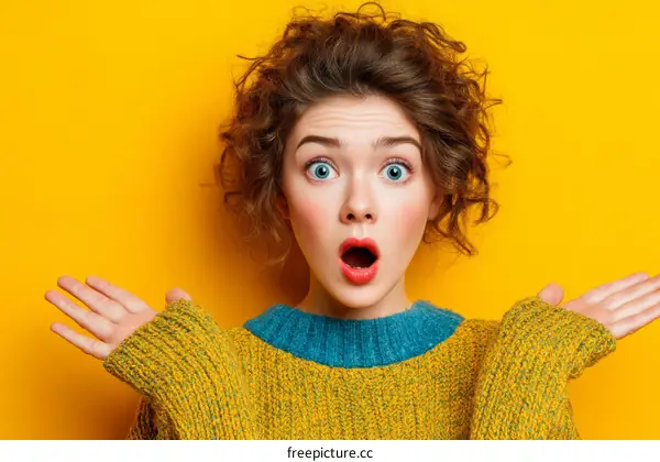 Surprised Woman in Yellow Sweater Against Yellow Background