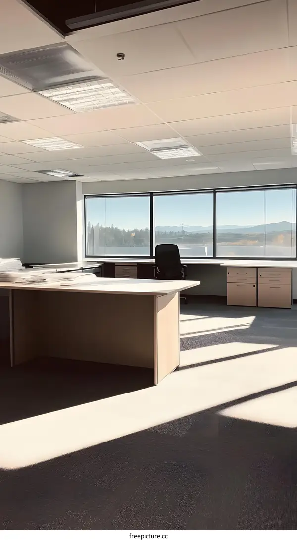 Office Space With Large Window View of Mountains
