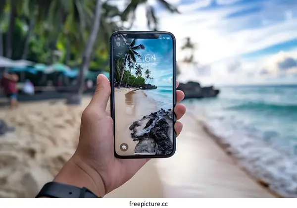 Hand Holding Smartphone with Beach Wallpaper