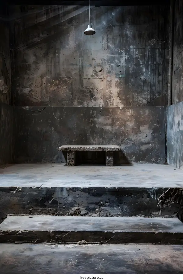 Old Concrete Bench With Hanging Light In A Building