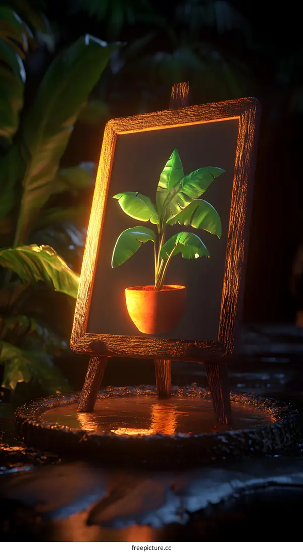 Wooden Framed Artwork with Green Plant in Dark Background