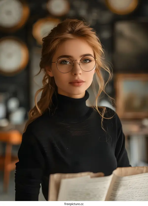 portrait of a beautiful young woman in glasses reading a book