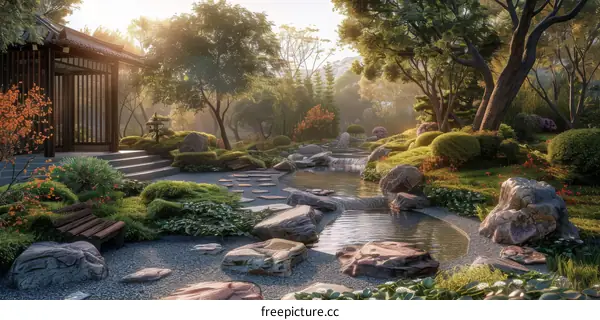 Zen Garden with a Pond and a Tea House