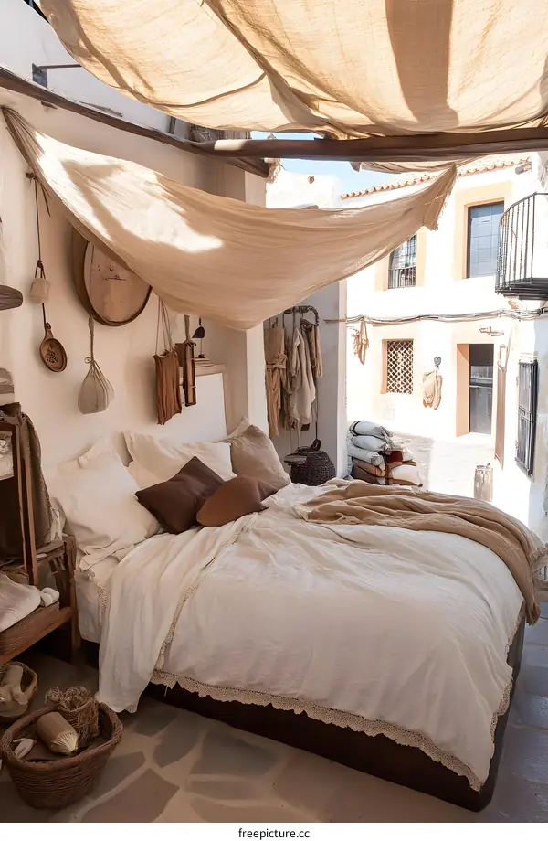 Cozy Bedroom with White Linen Bedding and Wooden Furniture