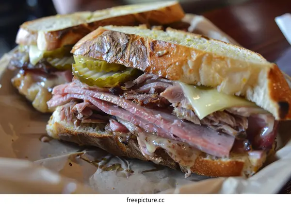 A delicious sandwich with ham, cheese, and pickles on crusty bread