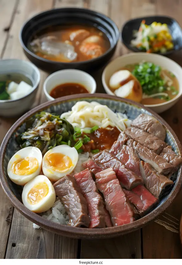 Beef and Egg Rice Bowl with Noodles and Vegetables
