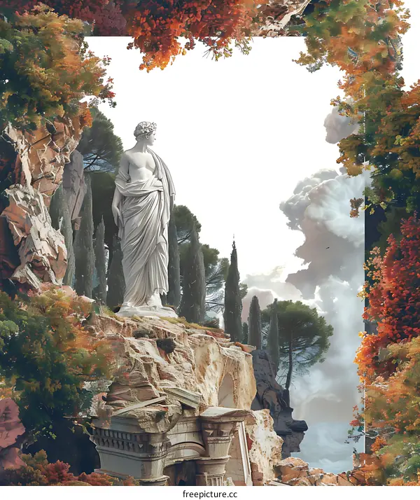 Statue in a Collapsed Ancient Ruin with Autumn Trees