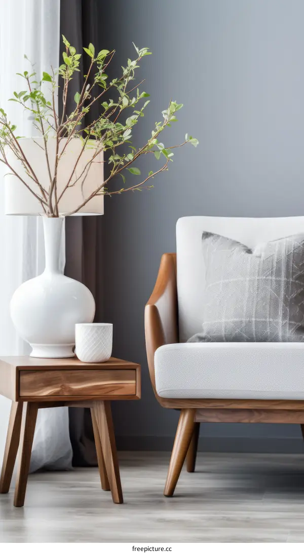 White ceramic lamp and wooden table with green plant in modern living room interior