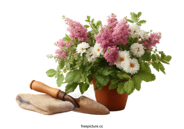 [Transparent Background PNG]Beautiful Spring Flowers in Terracotta Pot with Gardening Tools
