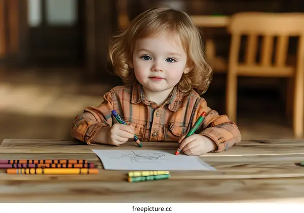 Little Girl Drawing With Crayons on Table