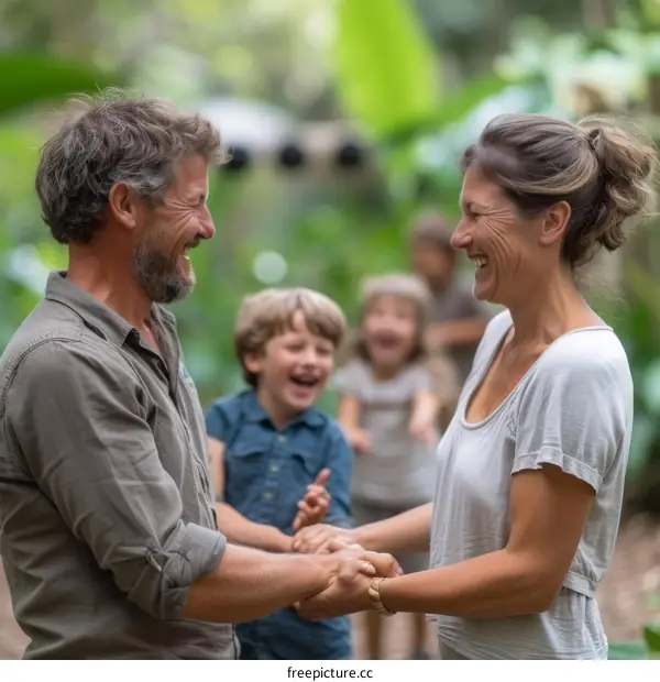 Happy family of five walking in the park