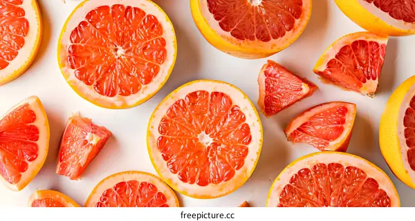 Fresh Red Grapefruit Slices on White Background
