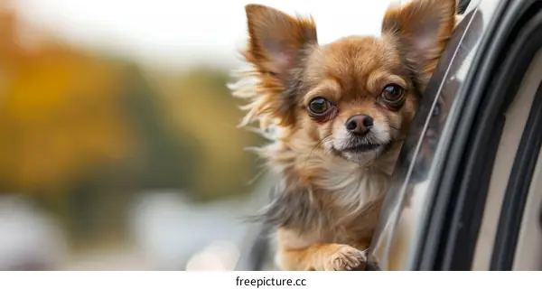 A cute chihuahua dog looking out the car window