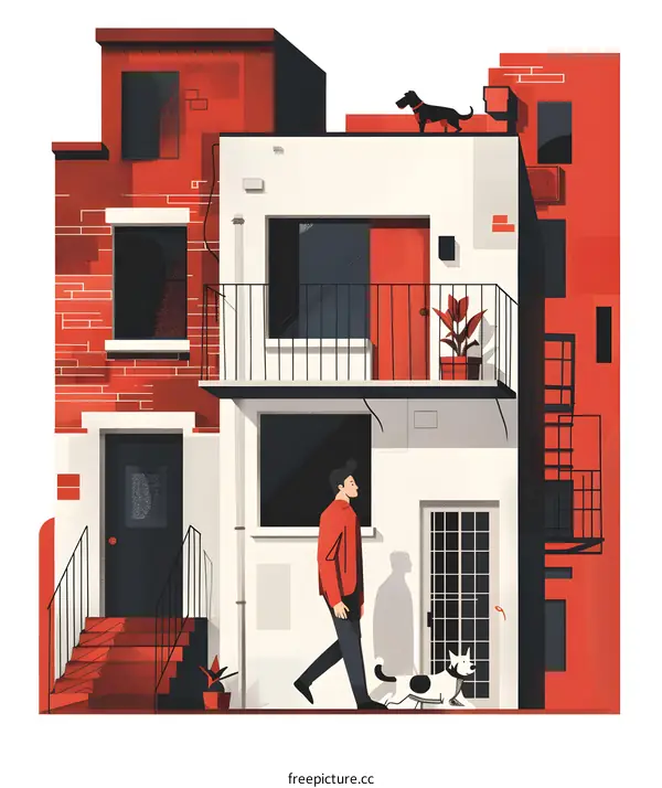 Man Walking Dog in Front of Red Building