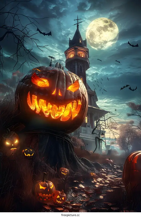 Spooky Halloween Pumpkin and Haunted House Under Moonlight