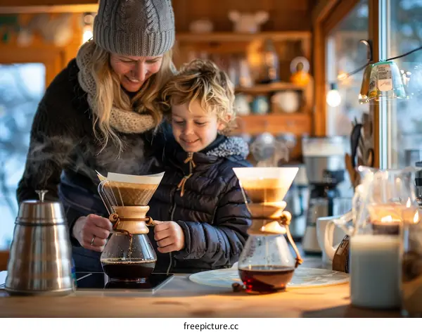 Mother and son making pour-over coffee in a cozy cabin