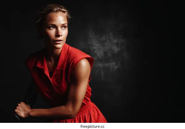 Focused Female Athlete in Red Tennis Outfit