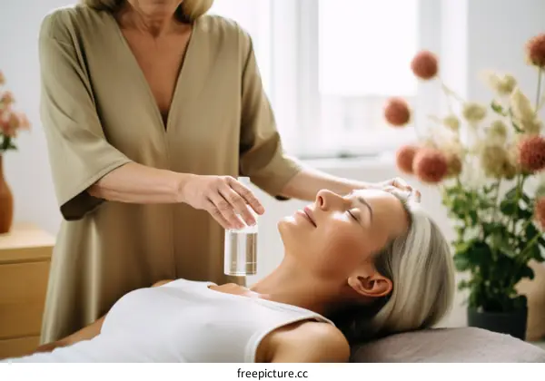 A woman having her temples anointed with oil