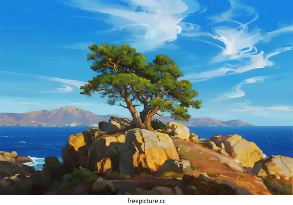Lone Pine Tree Standing Firm on Rocky Coastal Cliff Under Blue Sky