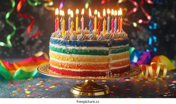 Rainbow Birthday Cake with Lit Candles