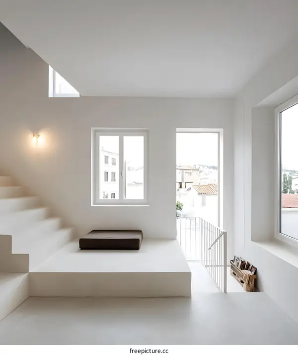 Minimalist White Interior Design with a Platform and Staircase