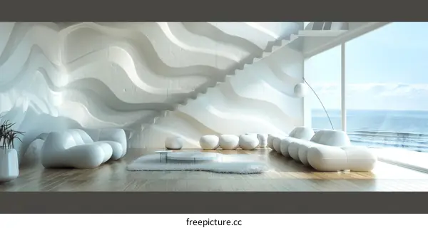Modern Living Room with Wavy White Wall and Comfortable Seating