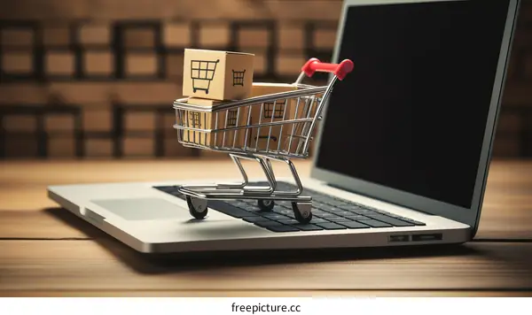 Laptop with shopping cart and cardboard boxes on keyboard