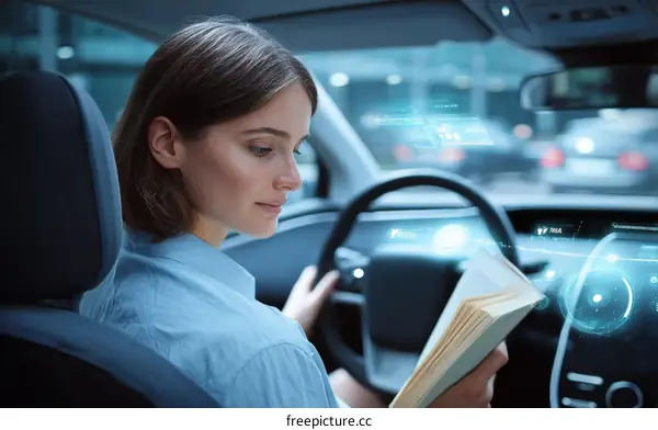 Woman reading in a futuristic self-driving car
