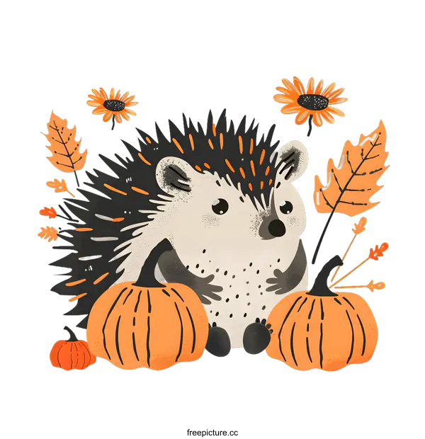 [Transparent Background PNG]Cute Hedgehog with Pumpkins and Autumn Leaves Illustration