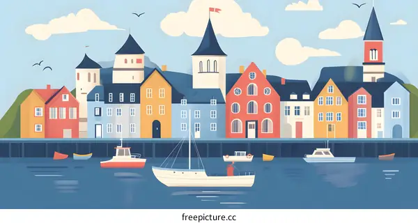 Colorful Illustration of Waterfront Cityscape with Boats