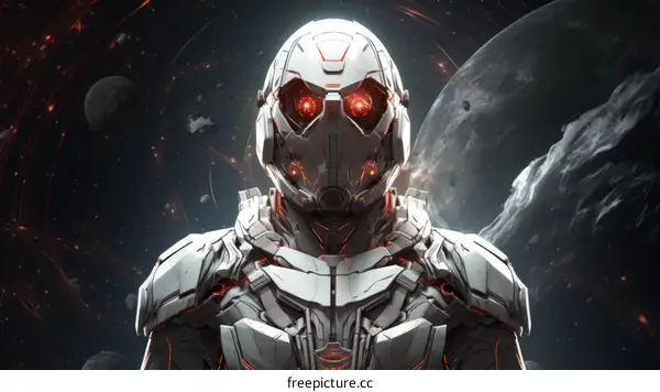 Astronaut in futuristic spacesuit with visor reflecting stars