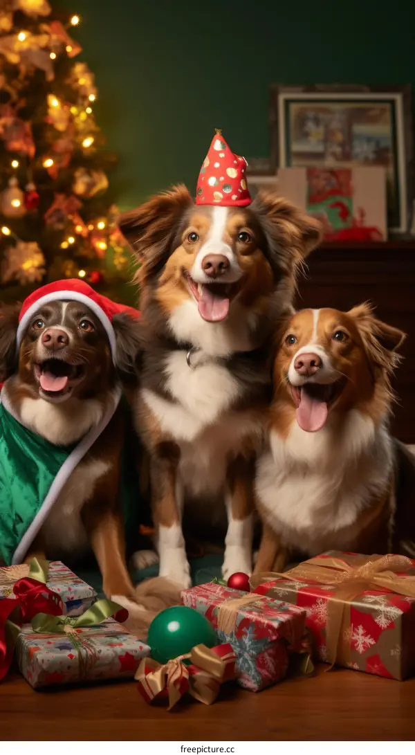 Three Australian shepherds with Christmas hats and presents