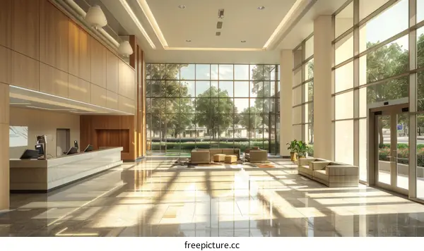 Office lobby interior with large windows and marble floor