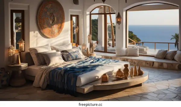 Large round window overlooking the Mediterranean Sea from a luxury villa in Greece