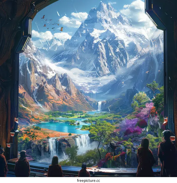 Four people looking out at a beautiful landscape of mountains, waterfalls, and a lake