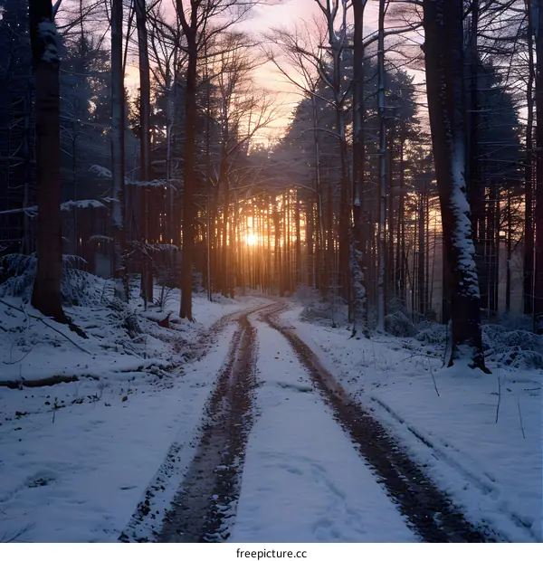 The road through the snowy forest