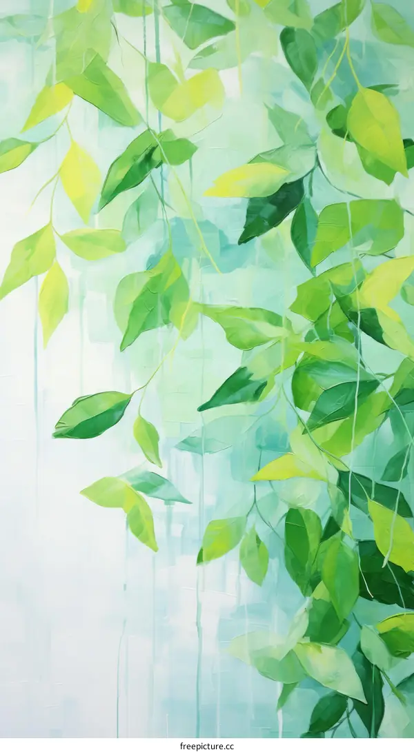 Green leaves of various shades painted in an abstract style
