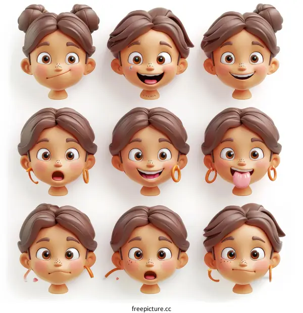 3D cartoon characters of a girl with different facial expressions