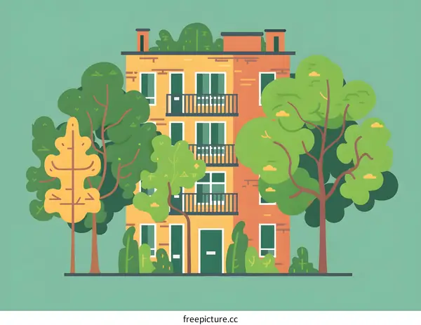 Yellow Building With Green Trees In Front