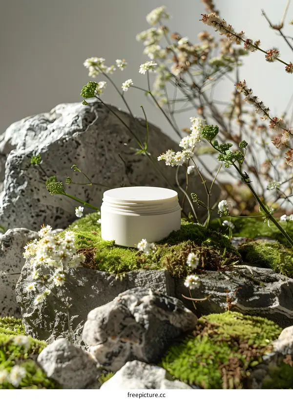 White Cream Jar on Mossy Rocks and Flowers