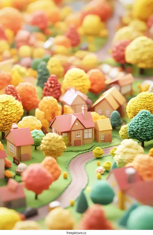 Colorful Autumn Miniature Village with Houses and Trees