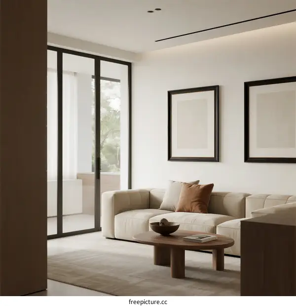 Minimalist living room with large glass sliding doors and neutral color scheme
