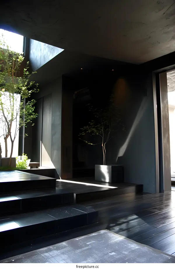 Modern Minimalist Black and White Interior Design with Stairs and Plants